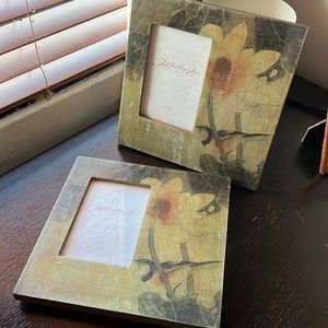 2 Anthropologie Lotus Flower Bird Asian Art influence lacquer picture frames